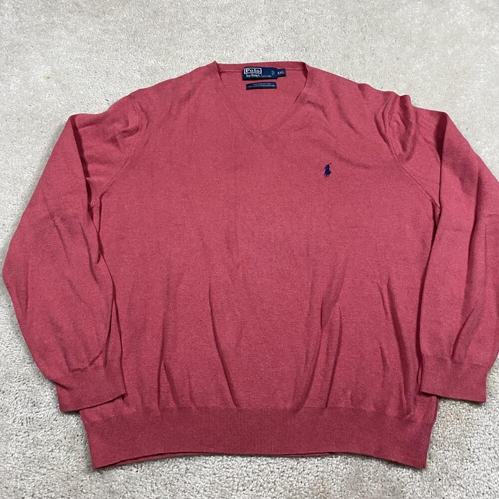Polo By Ralph Lauren Sweater Mens 2XL Pink Pima Cotton V Neck Knit Pullover Pony - Picture 1 of 6